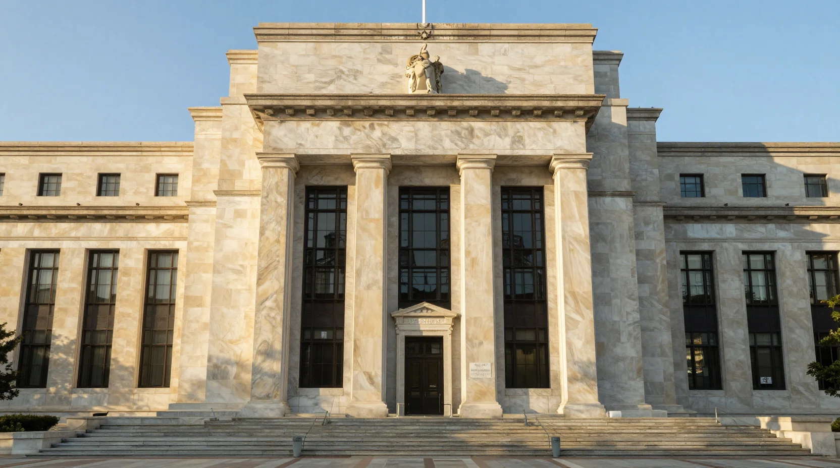 Federal Reserve Building at golden hour, symbolizing institutional stability and deliberate monetary policy decisions