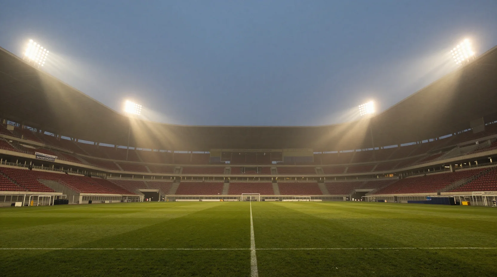 Dramatic Italian football stadium at dusk with floodlights cutting through evening mist over pristine pitch