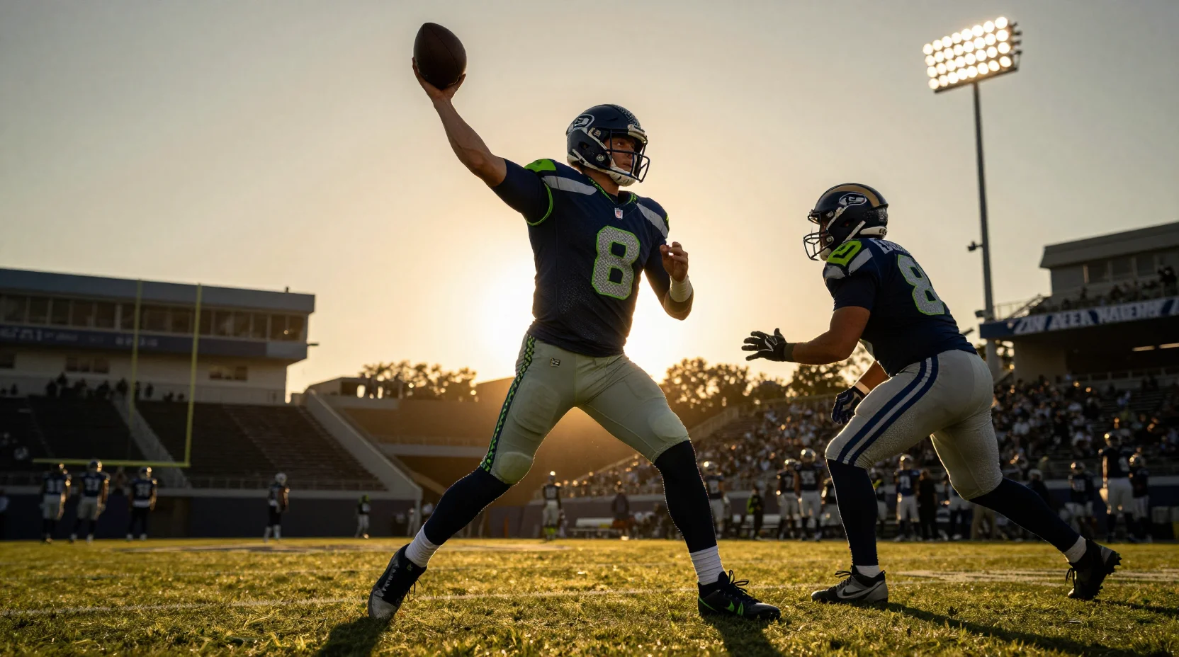 NFL championship game scene with quarterback under pressure