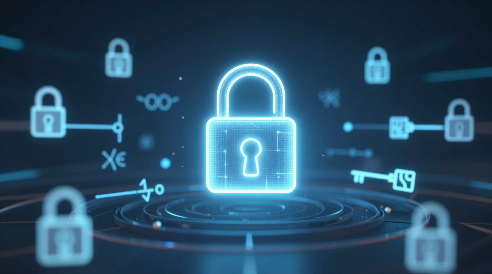 Fully homomorphic encryption visualization showing encrypted data transformations in a digital quantum landscape