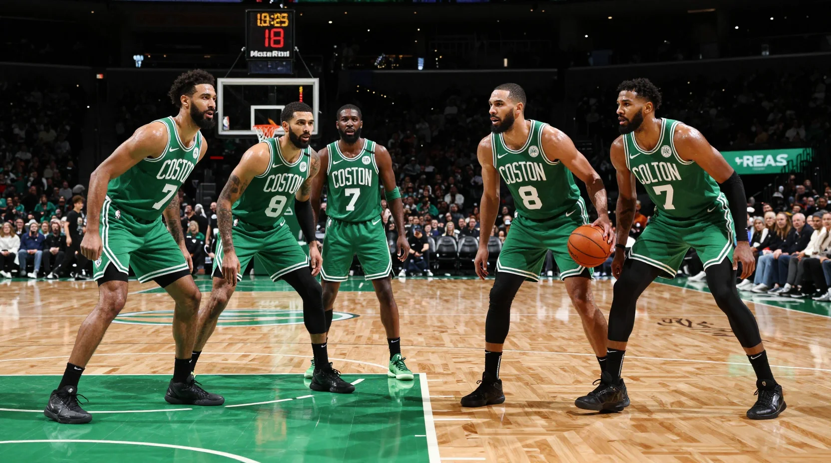 Intense NBA arena scene showing Celtics vs Bulls matchup