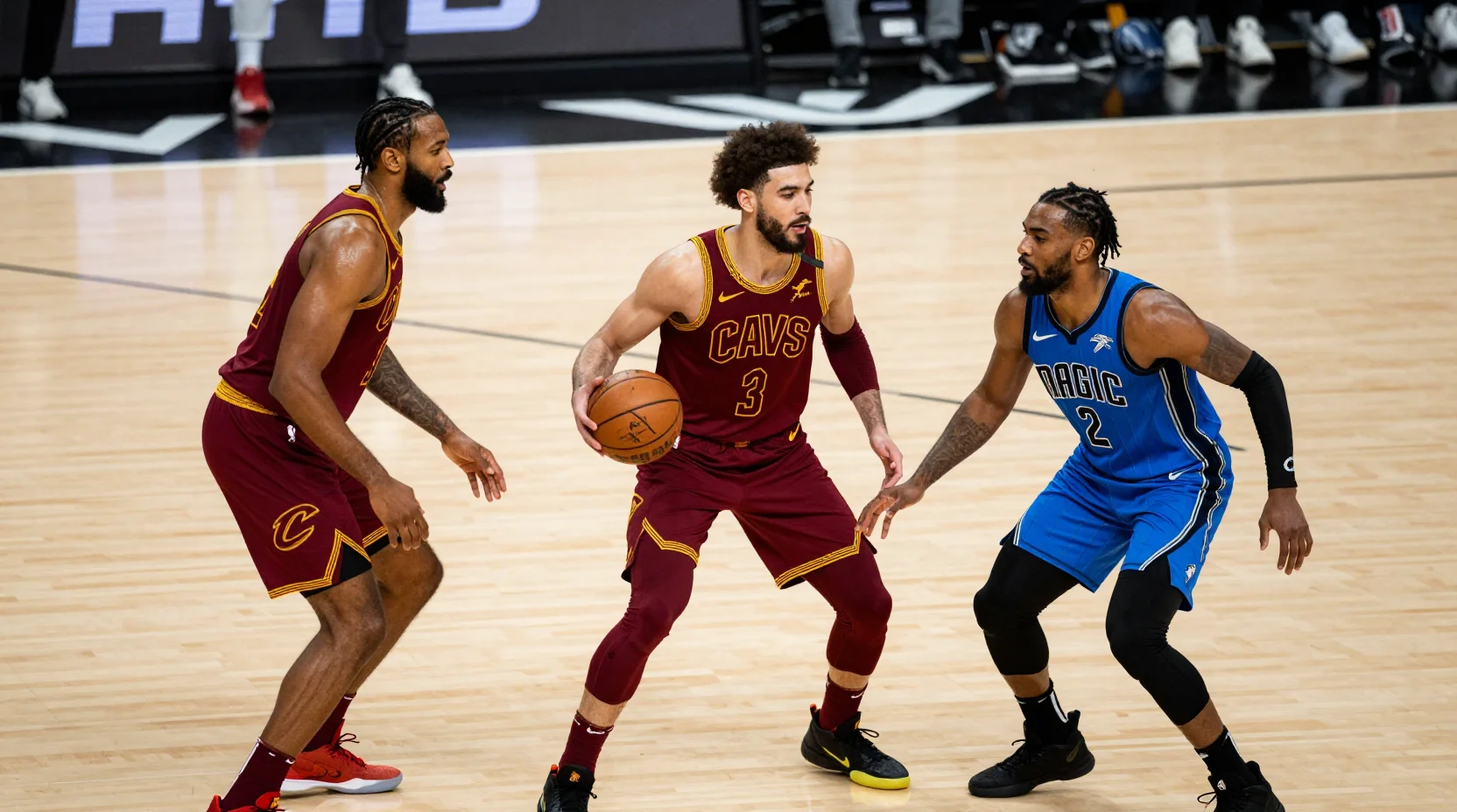 Intense NBA game scene between Cavaliers and Magic