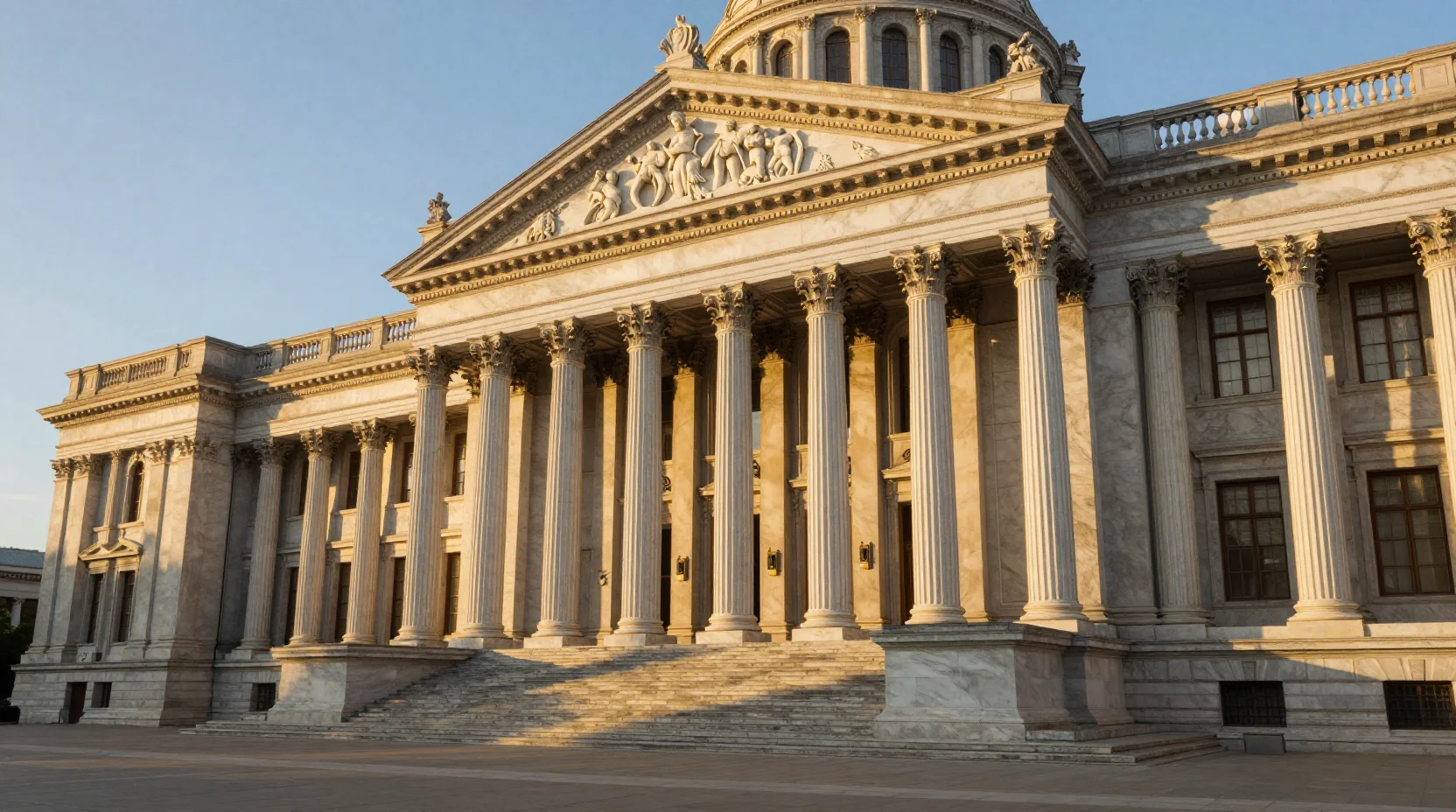 Government building at golden hour representing the gravity of Federal Reserve decisions