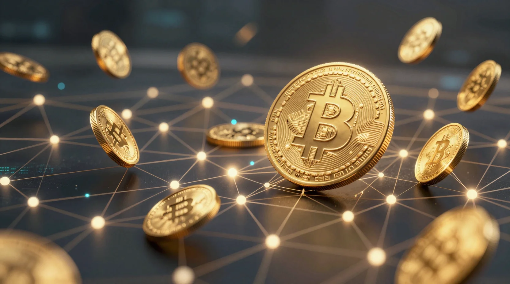 Digital landscape showing Bitcoin network with golden coins and interconnected blockchain nodes