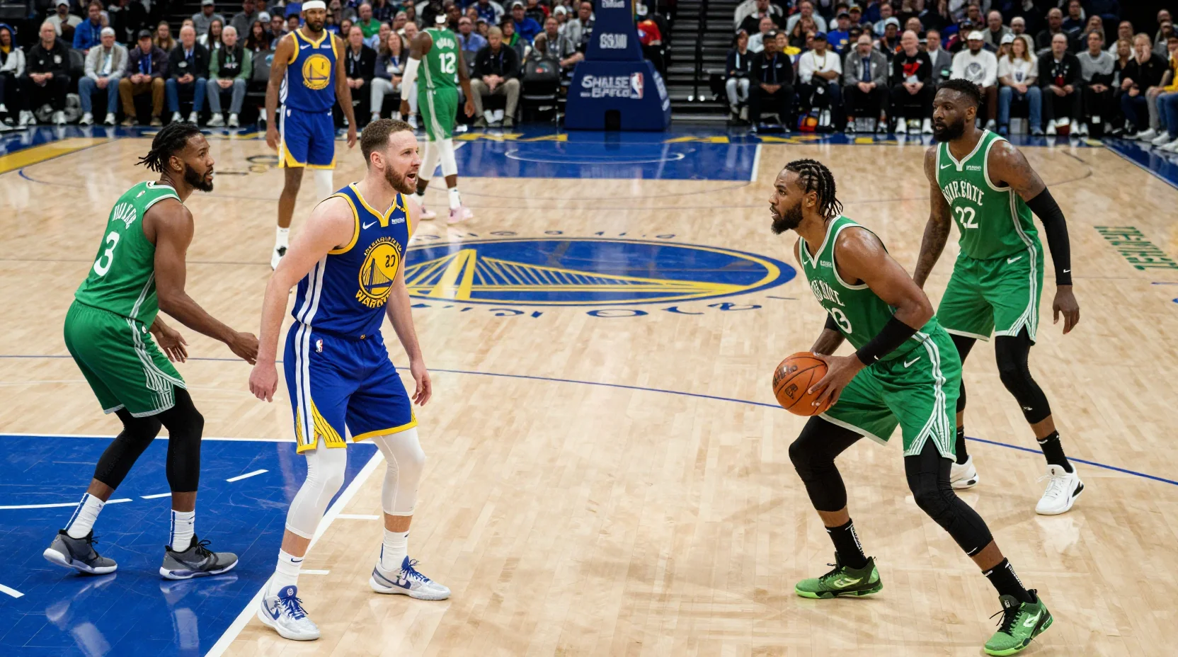 Dramatic NBA game scene showing Warriors vs Timberwolves matchup