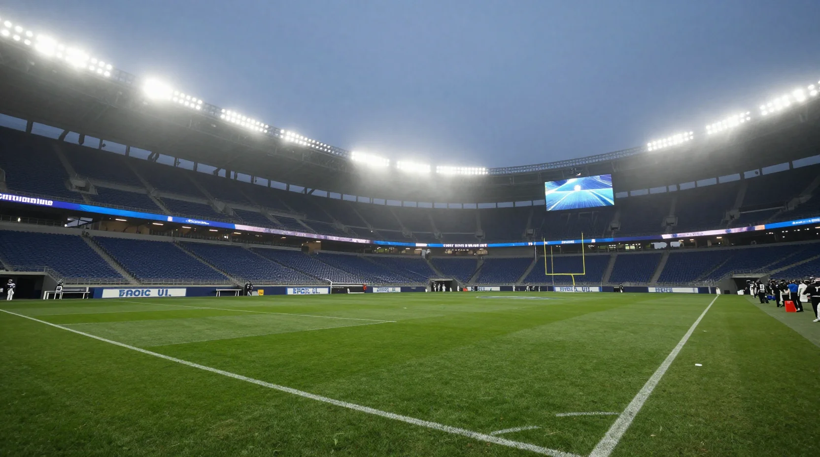 Dramatic NFL playoff stadium scene at dusk with floodlights illuminating the field