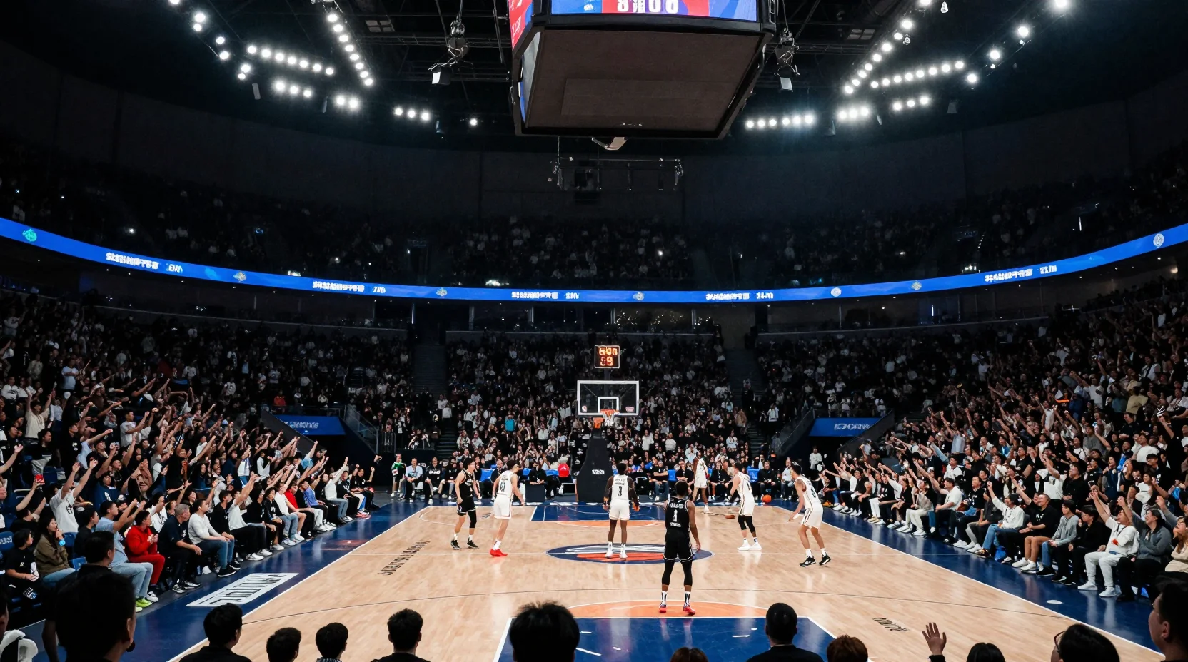 Dramatic basketball arena scene with two teams facing off under bright stadium lights