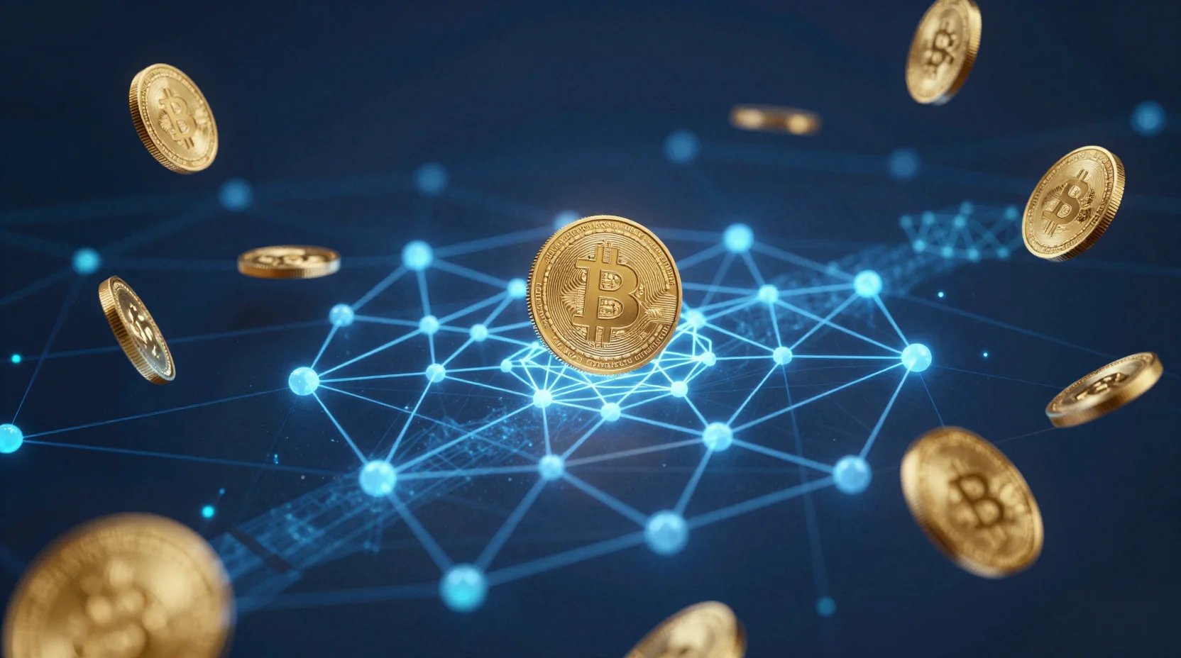 Solana blockchain network visualization with golden coins and interconnected nodes in cosmic space