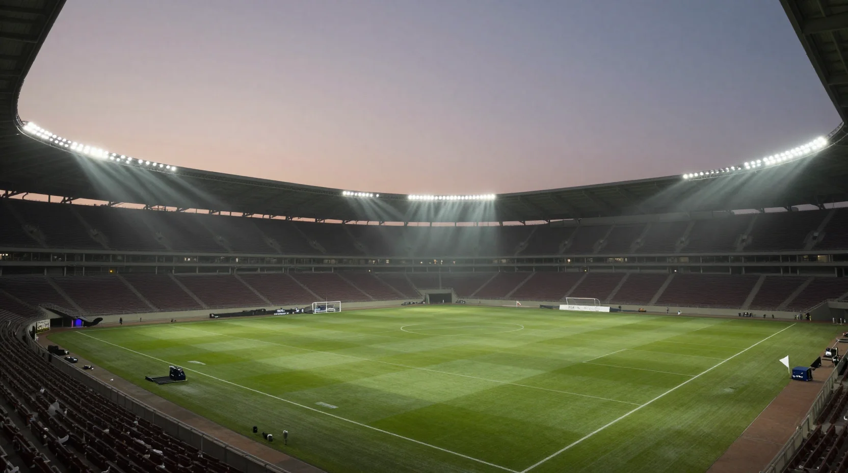 Dramatic football stadium scene at twilight with teams facing off
