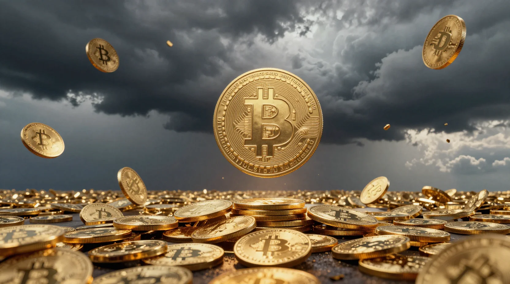 Bitcoin amid turbulent storm clouds with calm harbor below