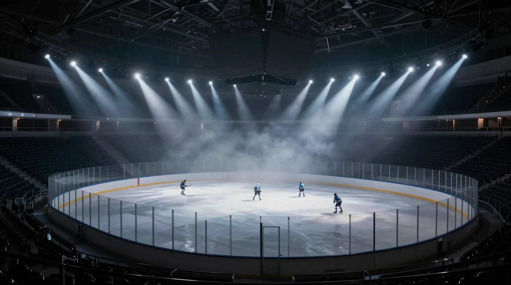 Dramatic hockey arena scene with Kings and Blues players facing off at center ice under bright arena lights