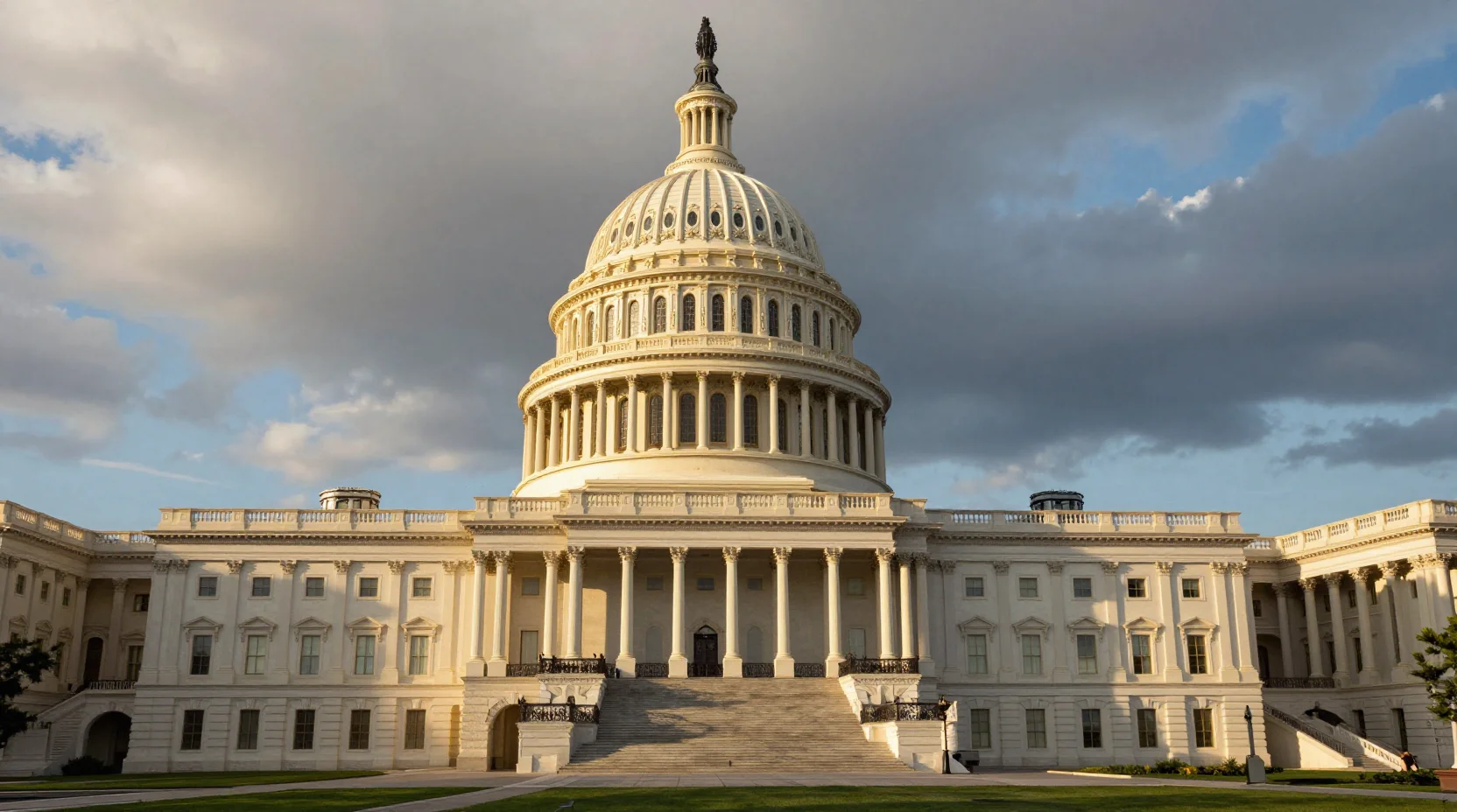United States Capitol building at golden hour with dramatic clouds