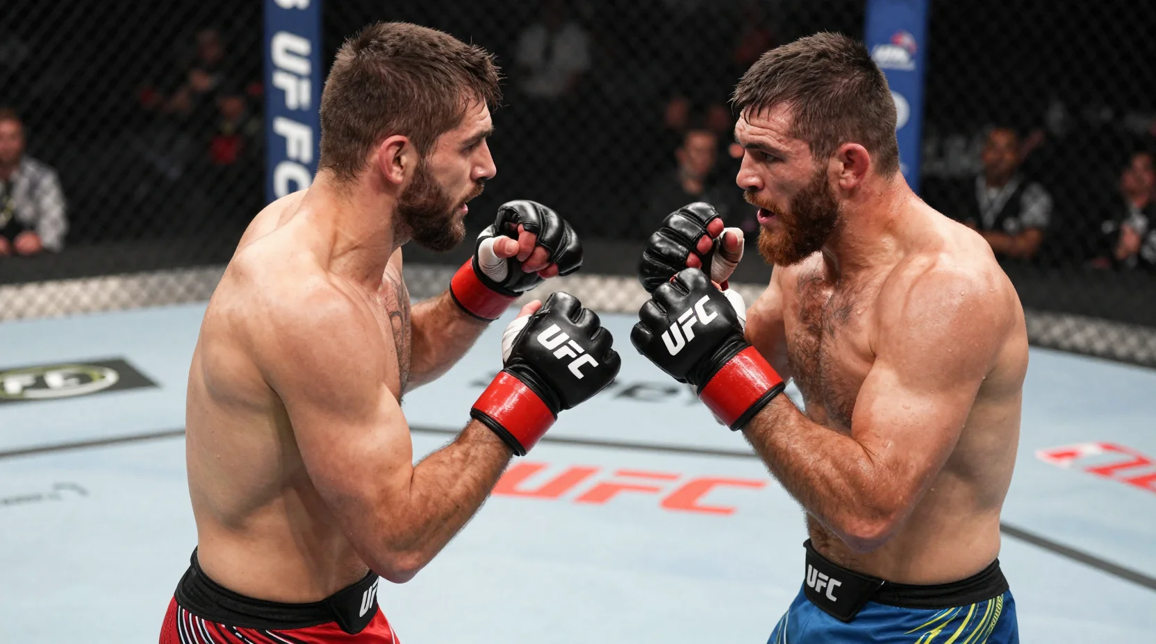 UFC octagon scene with dramatic lighting and crowd atmosphere