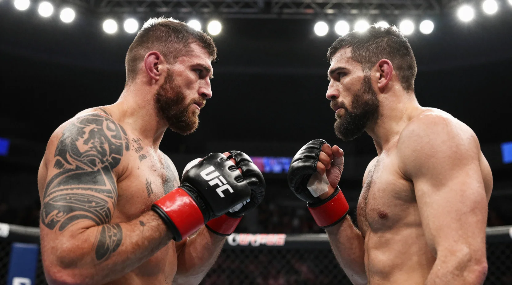 Two UFC fighters facing off in the octagon under bright stadium lights