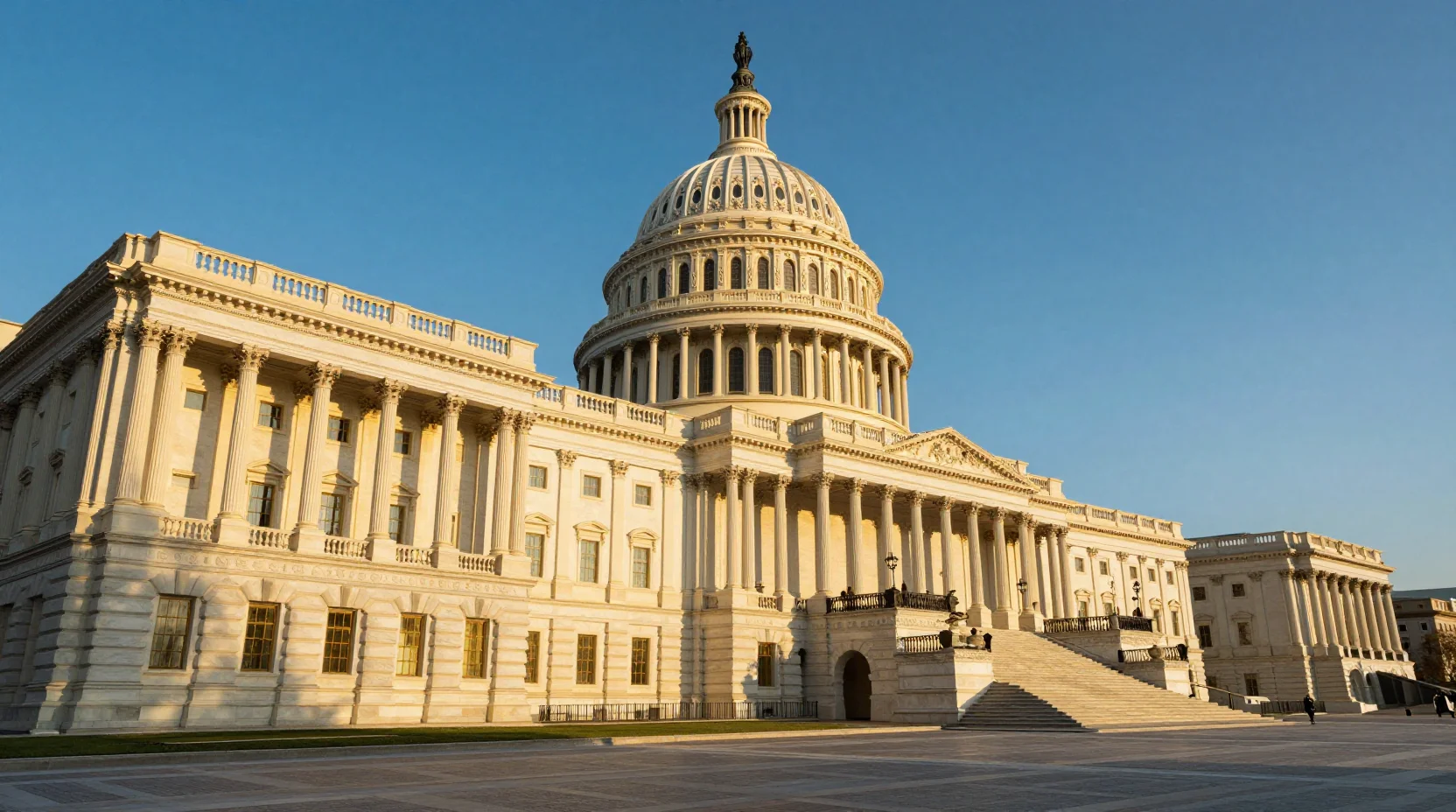 The US Capitol building at golden hour with a solitary figure at its base