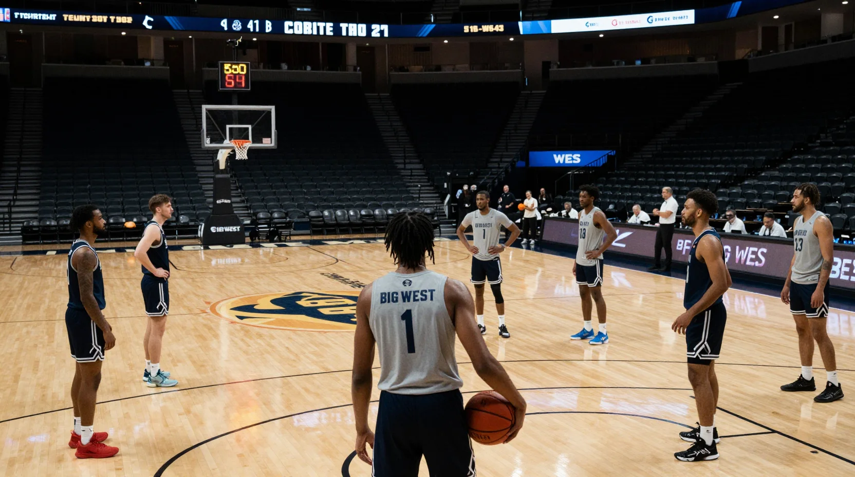 College basketball arena scene showing Hawaii Rainbow Warriors and CSUN Matadors preparing for Big West Conference game