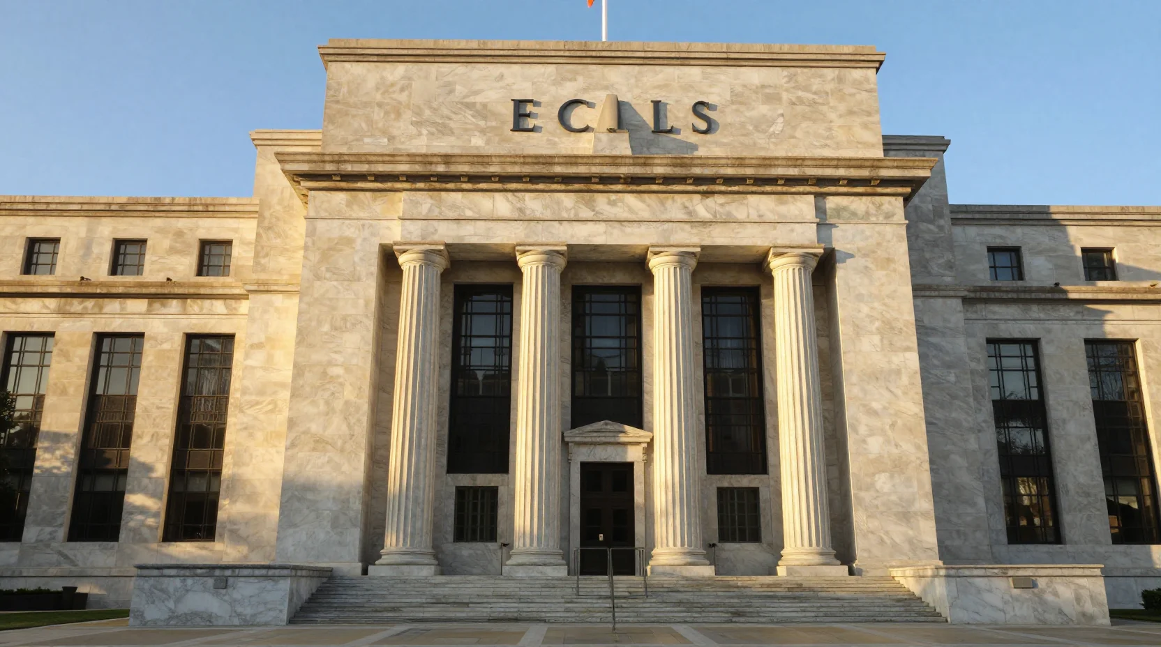 The Federal Reserve's Eccles Building at golden hour, symbolizing institutional stability and careful deliberation in monetary policy