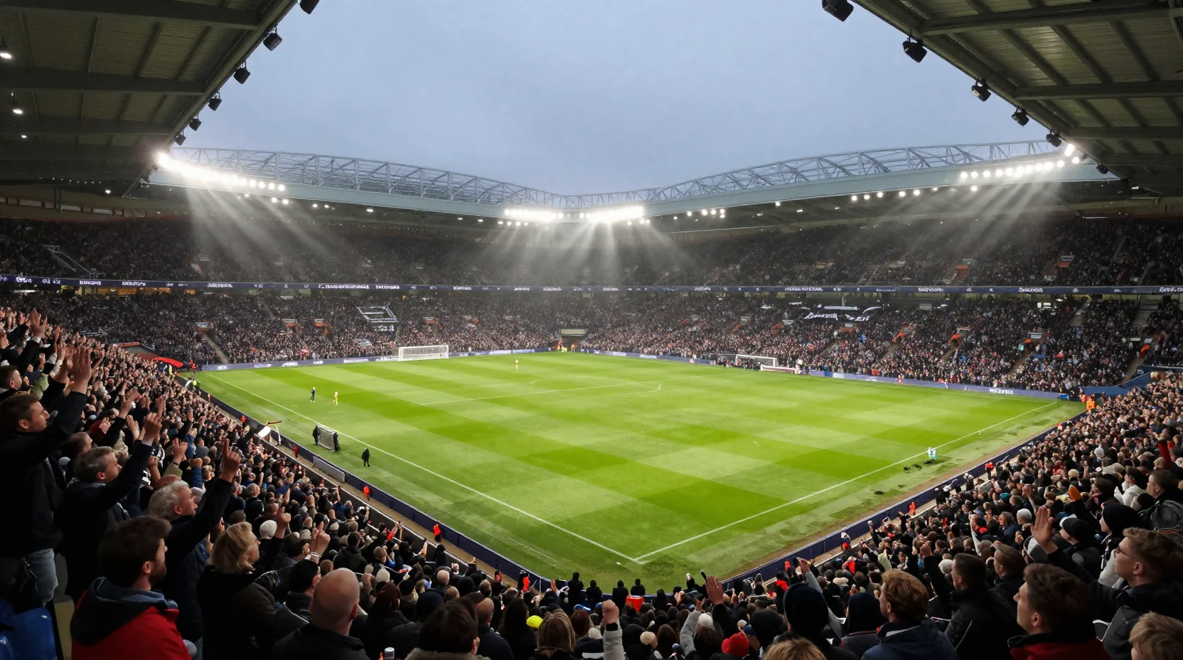 Dramatic Premier League stadium atmosphere with divided crowd showing Newcastle and Aston Villa colors
