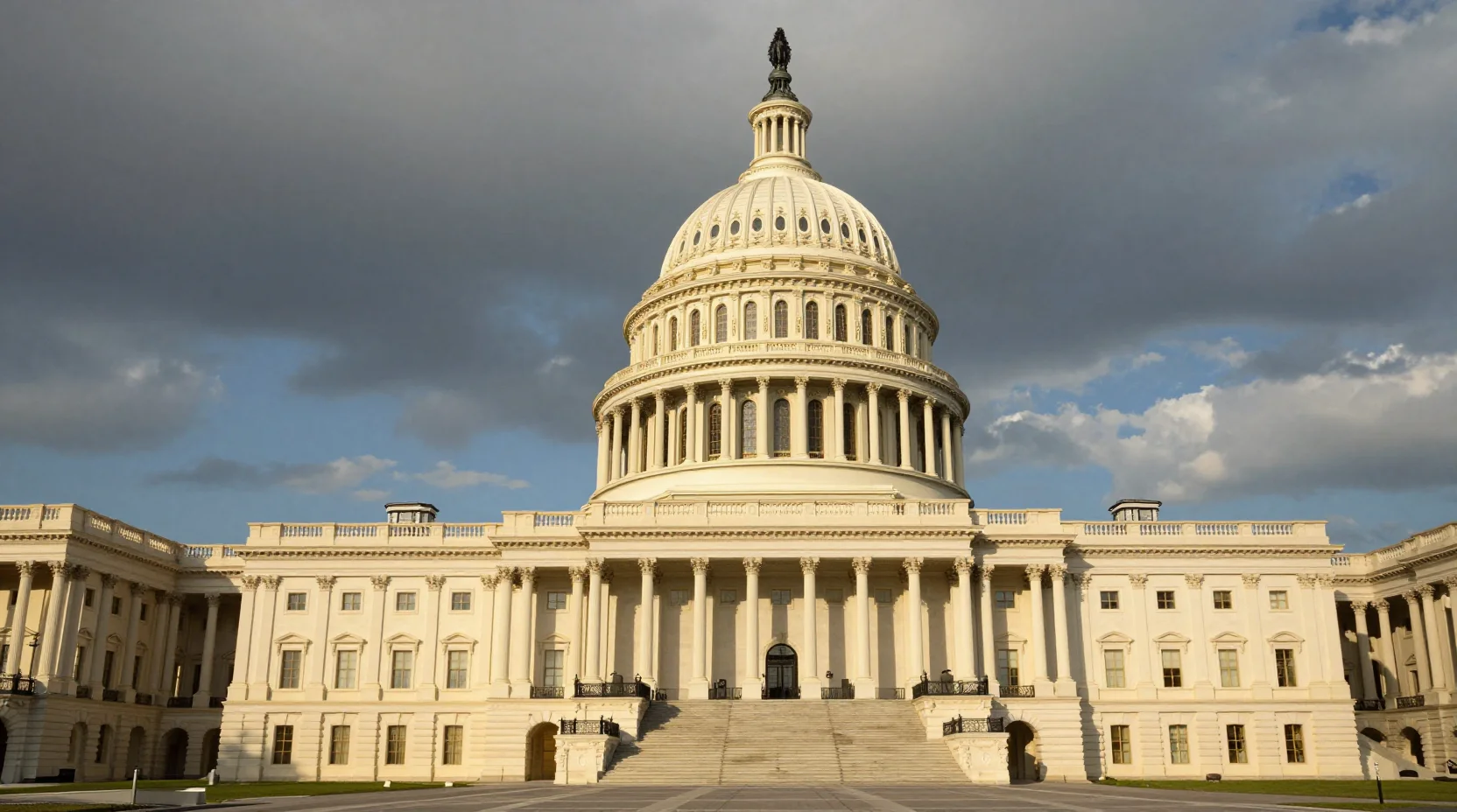 The United States Capitol building at golden hour with dramatic storm clouds gathering, symbolizing political tension and uncertainty