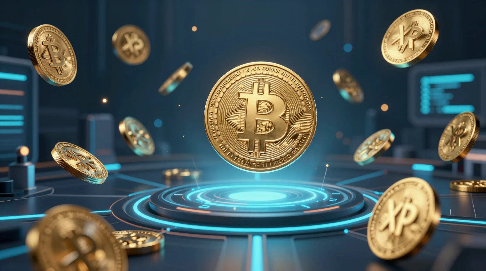 XRP cryptocurrency trading visualization with digital tokens flowing through network infrastructure