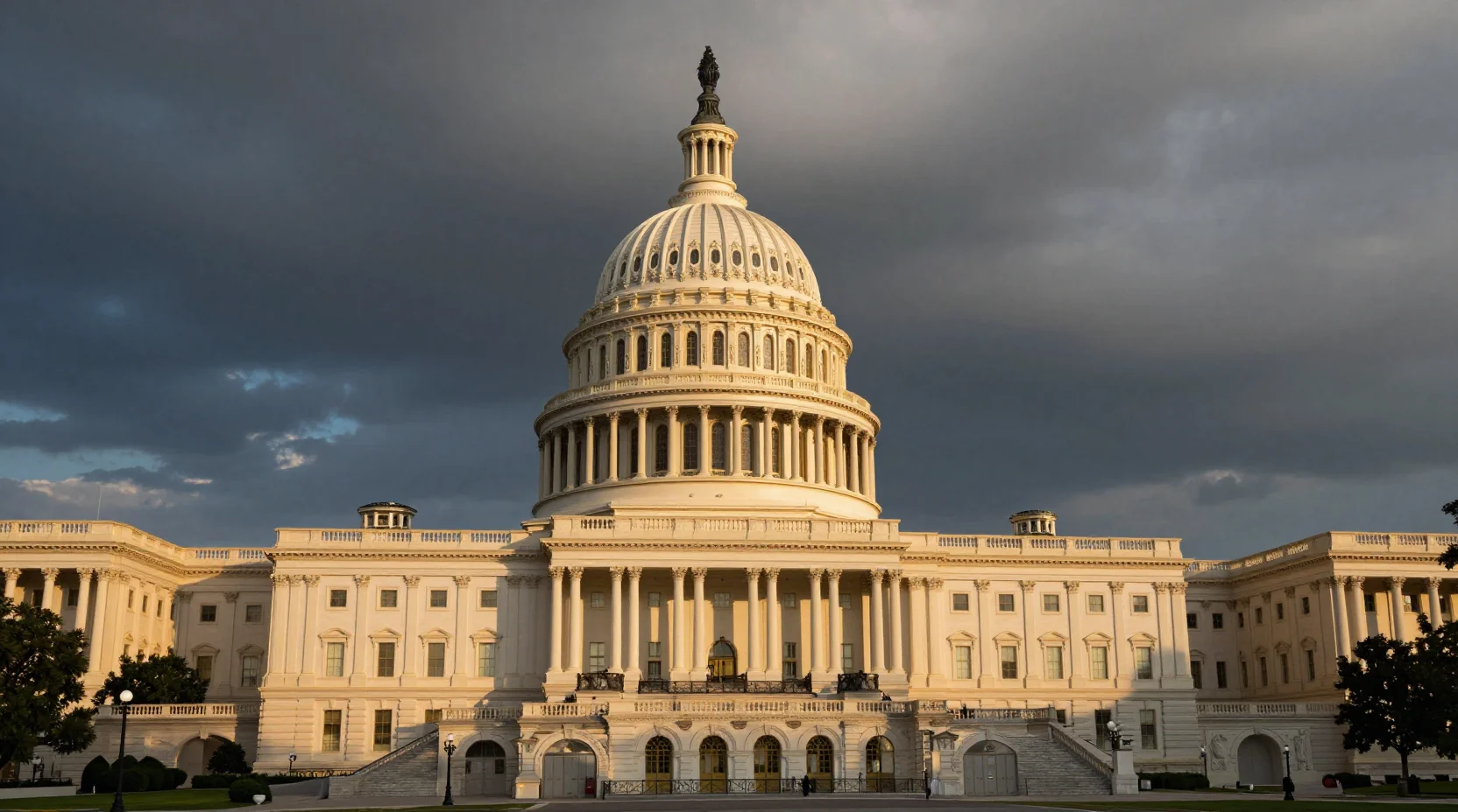 The United States Capitol building at dusk with dramatic storm clouds gathering above