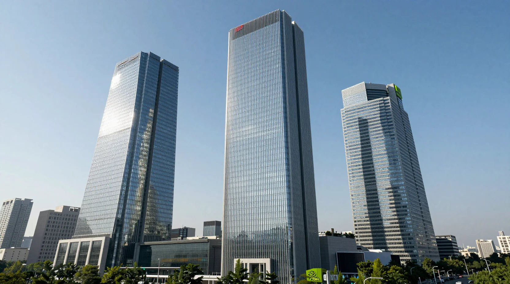 Visualization of three corporate towers competing for market cap dominance