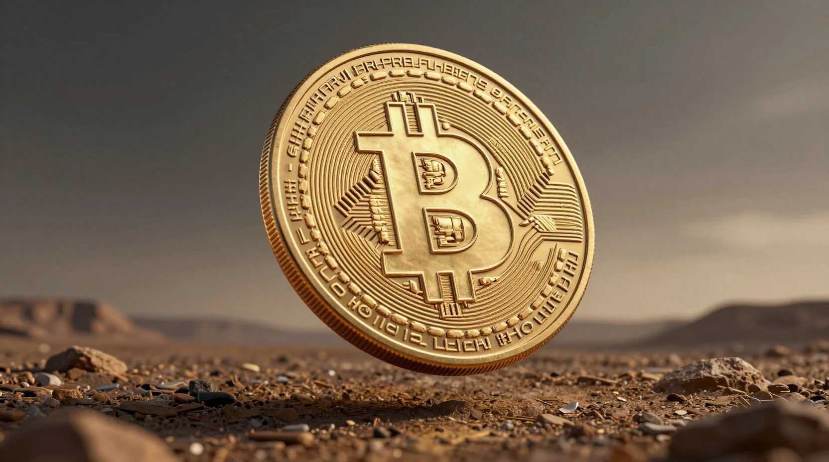 Bitcoin at a critical market juncture with turbulent digital waves and a distant $105,000 peak obscured by storm clouds