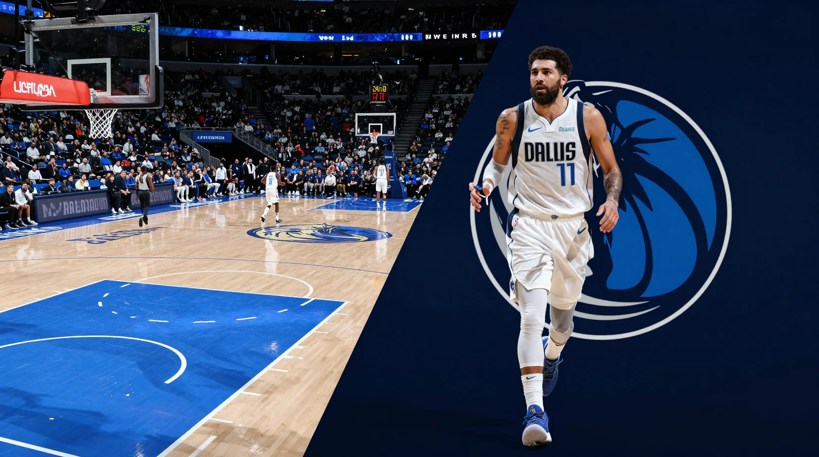 Dramatic basketball arena scene showing the contrast between full-strength Mavericks and depleted Bucks without Giannis