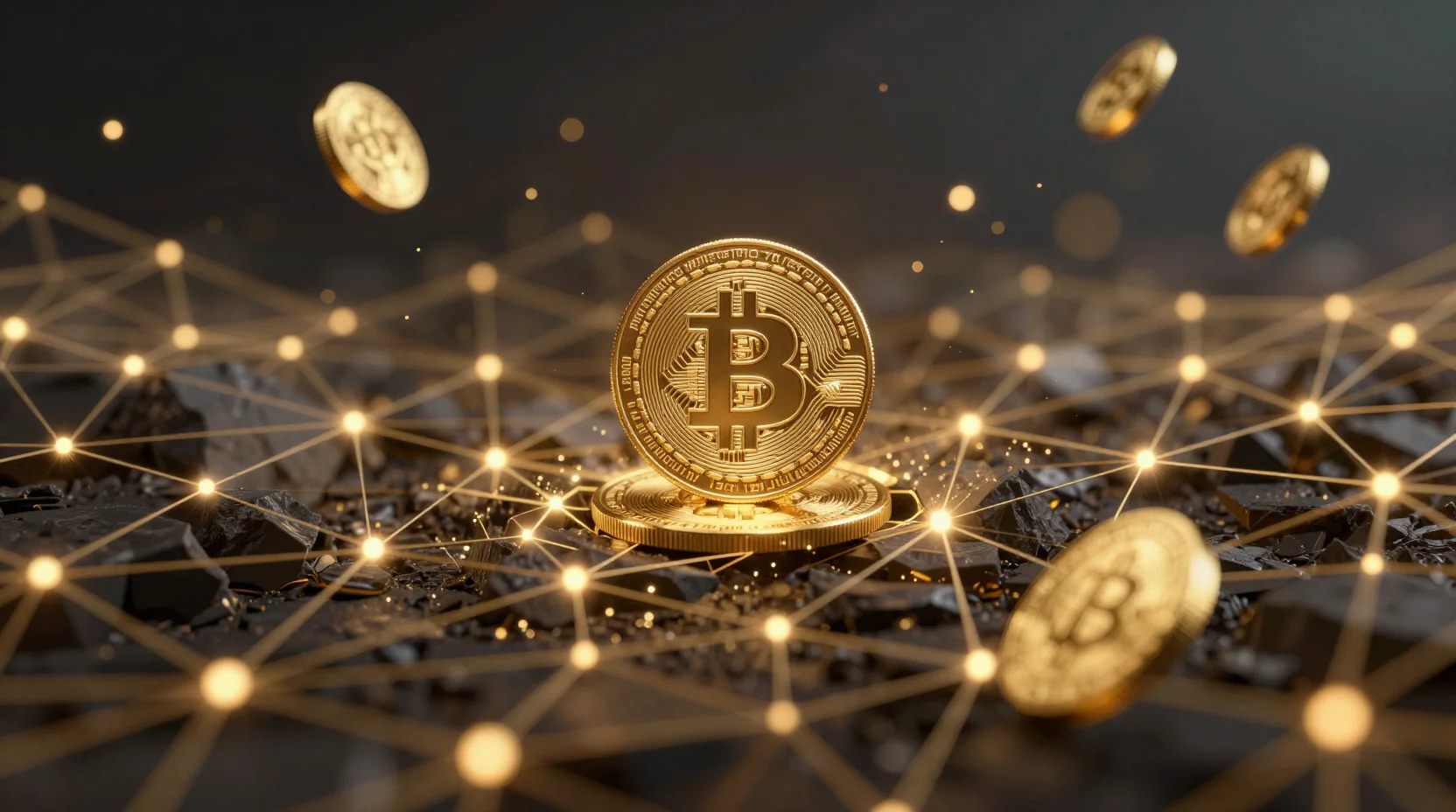 Cosmic digital landscape with golden cryptocurrency tokens floating among blockchain networks, representing the MegaETH token launch in a futuristic Ethereum ecosystem