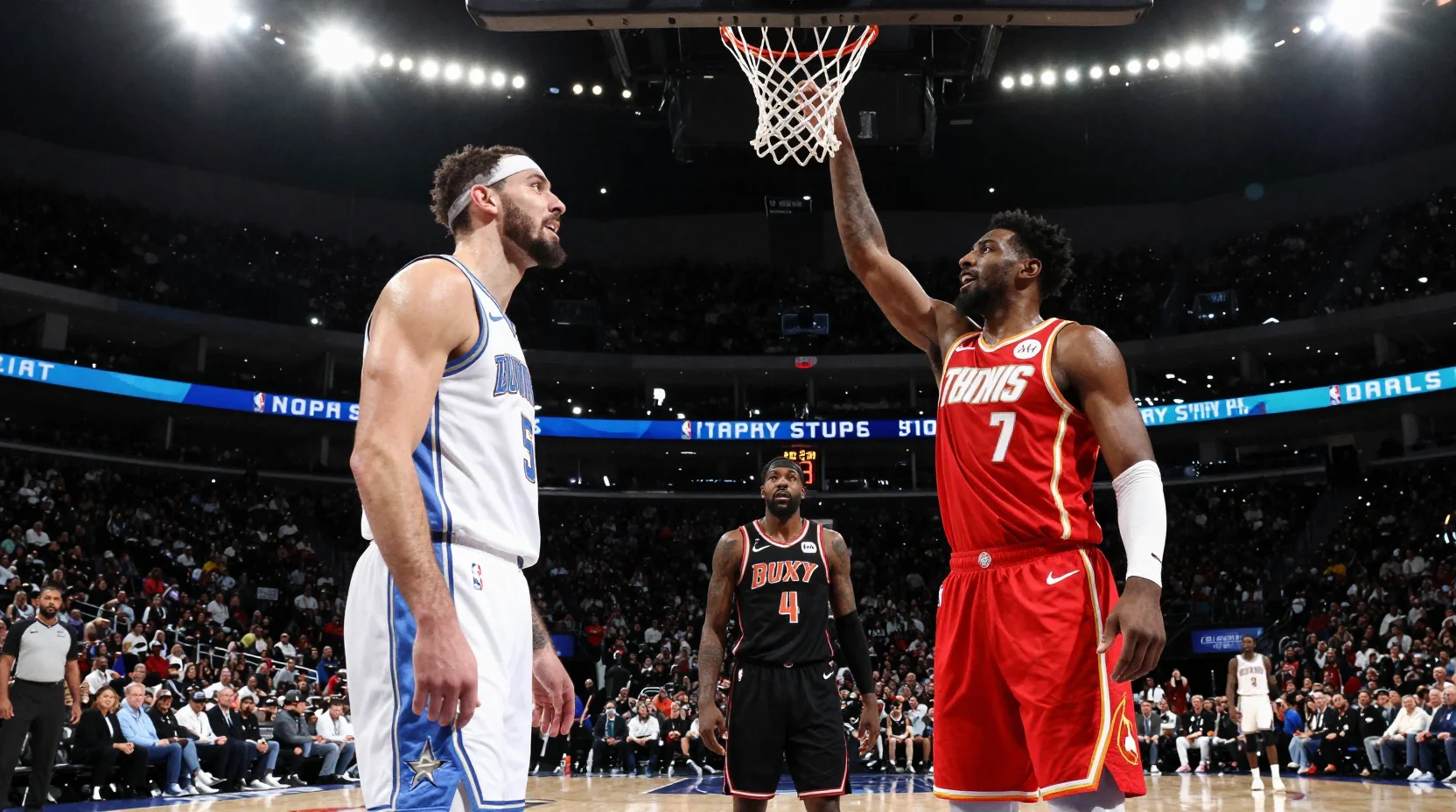 NBA game scene with Heat and Suns facing off under arena lights