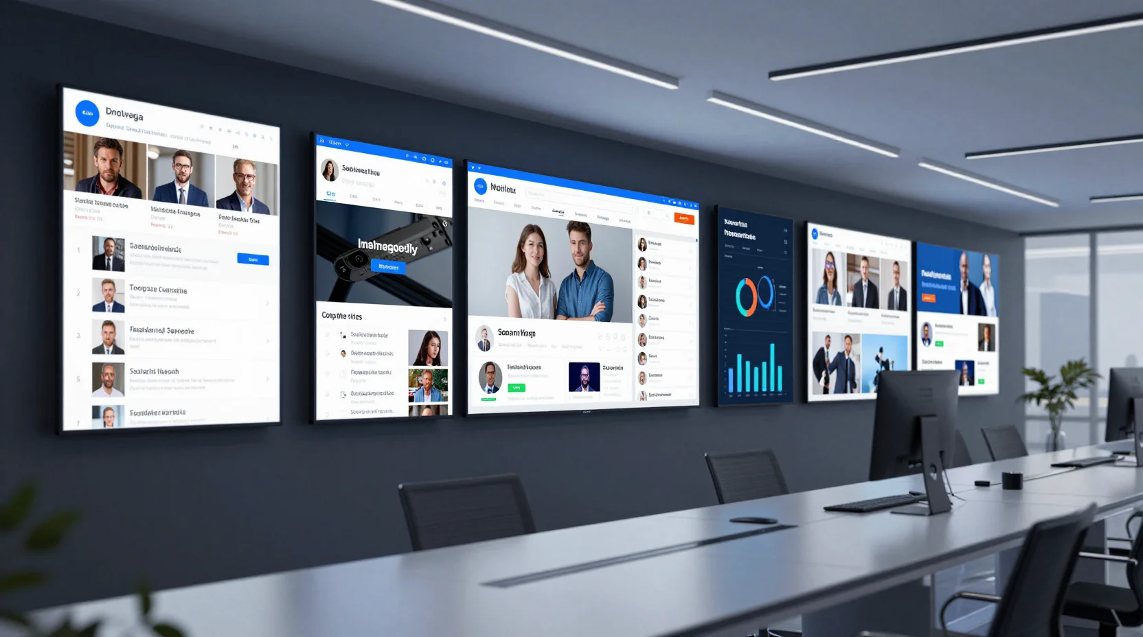 Modern office space with digital screens showing social media analytics