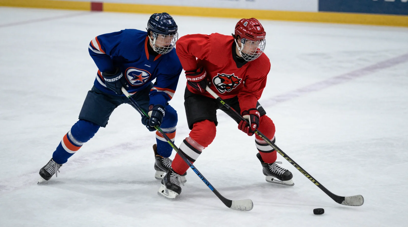 Dramatic ice hockey action scene showing Avalanche player taking a shot while Maple Leafs defender attempts to block