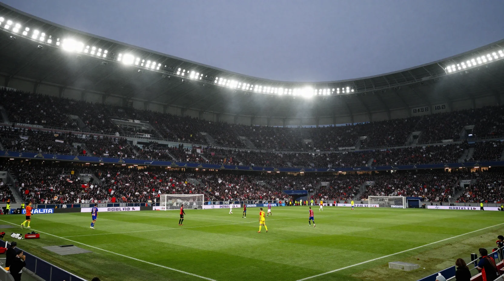 LaLiga stadium scene at dusk with passionate crowd and dramatic floodlights