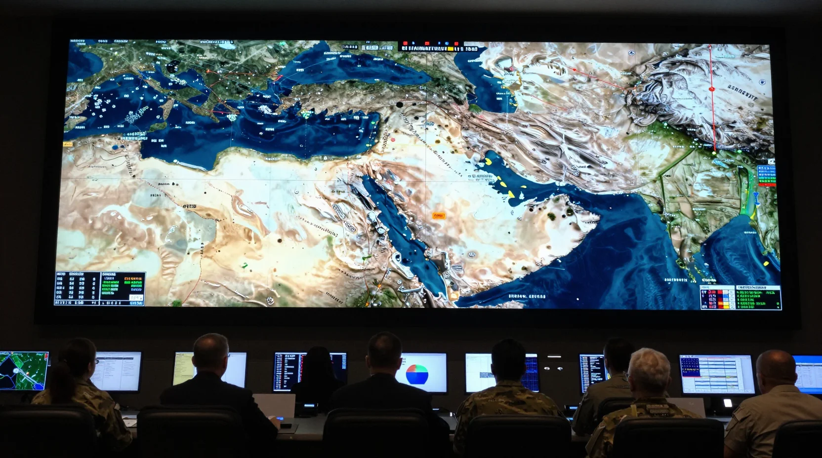 Military command center analyzing strategic options