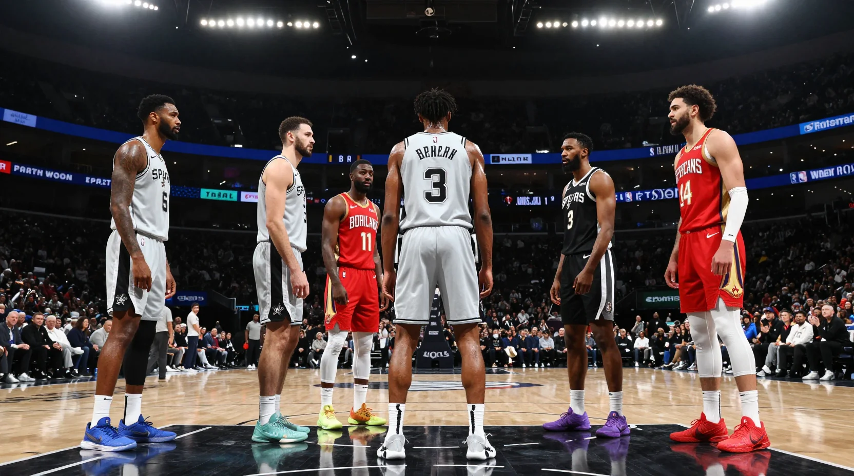 NBA game scene with Spurs and Pelicans facing off under bright arena lights