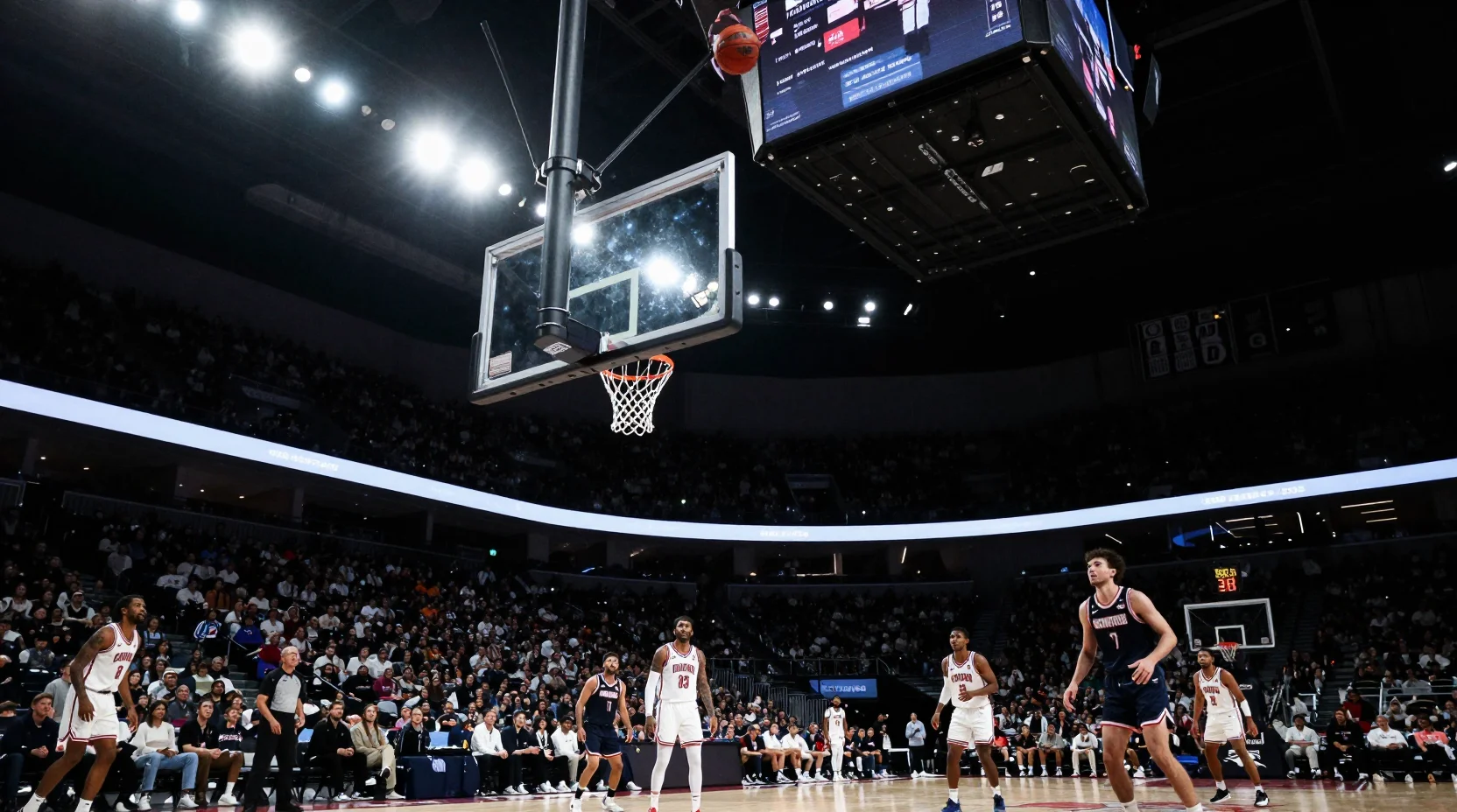 College basketball arena scene showing competitive matchup atmosphere