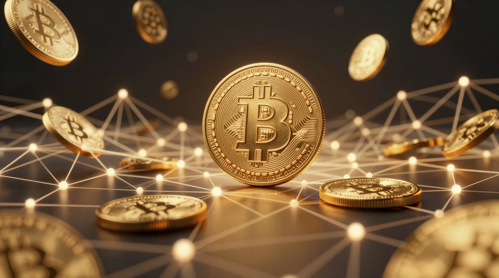 Digital Bitcoin landscape with blockchain network visualization