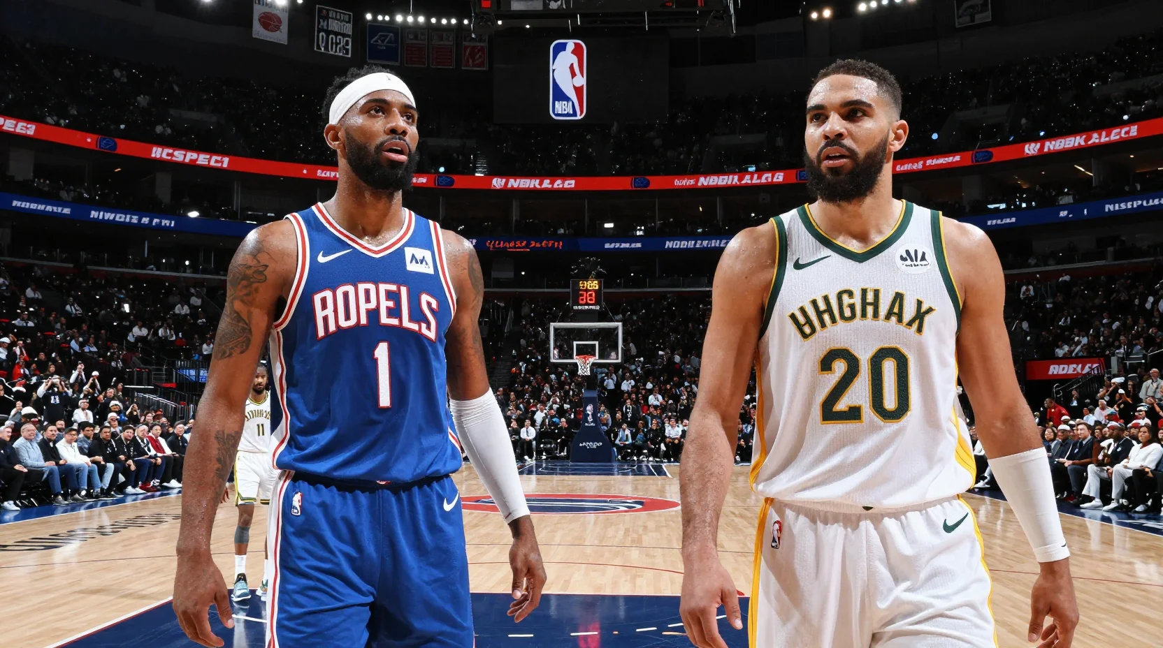 NBA arena scene showing Luka Doncic driving to basket while Bucks bench appears depleted without Giannis