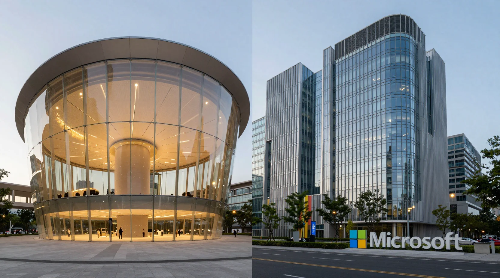 Dual corporate headquarters visualization showing competitive market dynamics