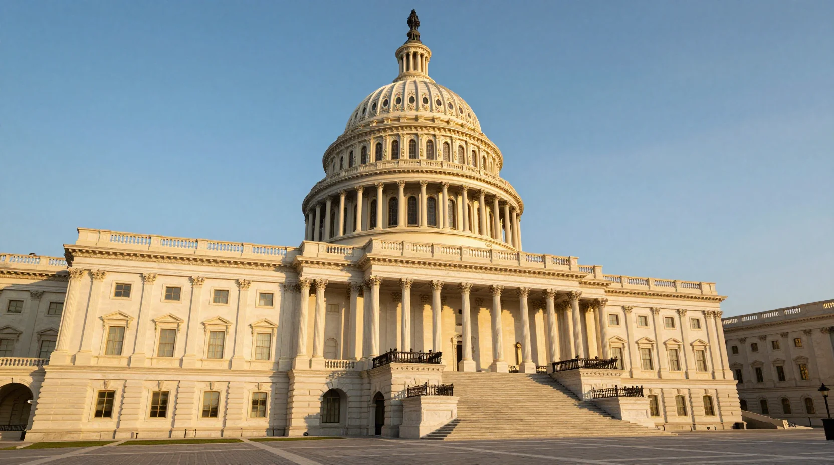 The United States Capitol building at golden hour with dramatic sky