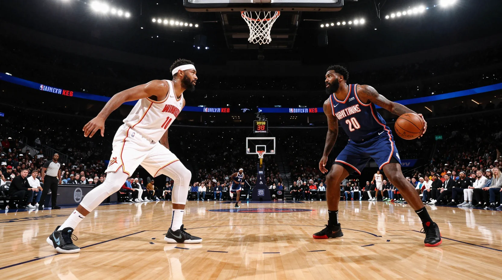 Dramatic basketball arena scene showing intense matchup between Nets and Clippers