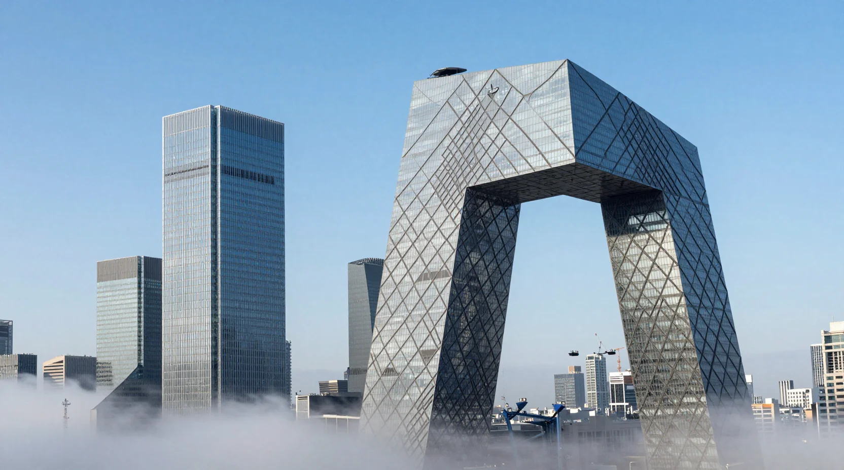 Three corporate towers rising above the clouds, symbolizing the competitive race for market cap leadership