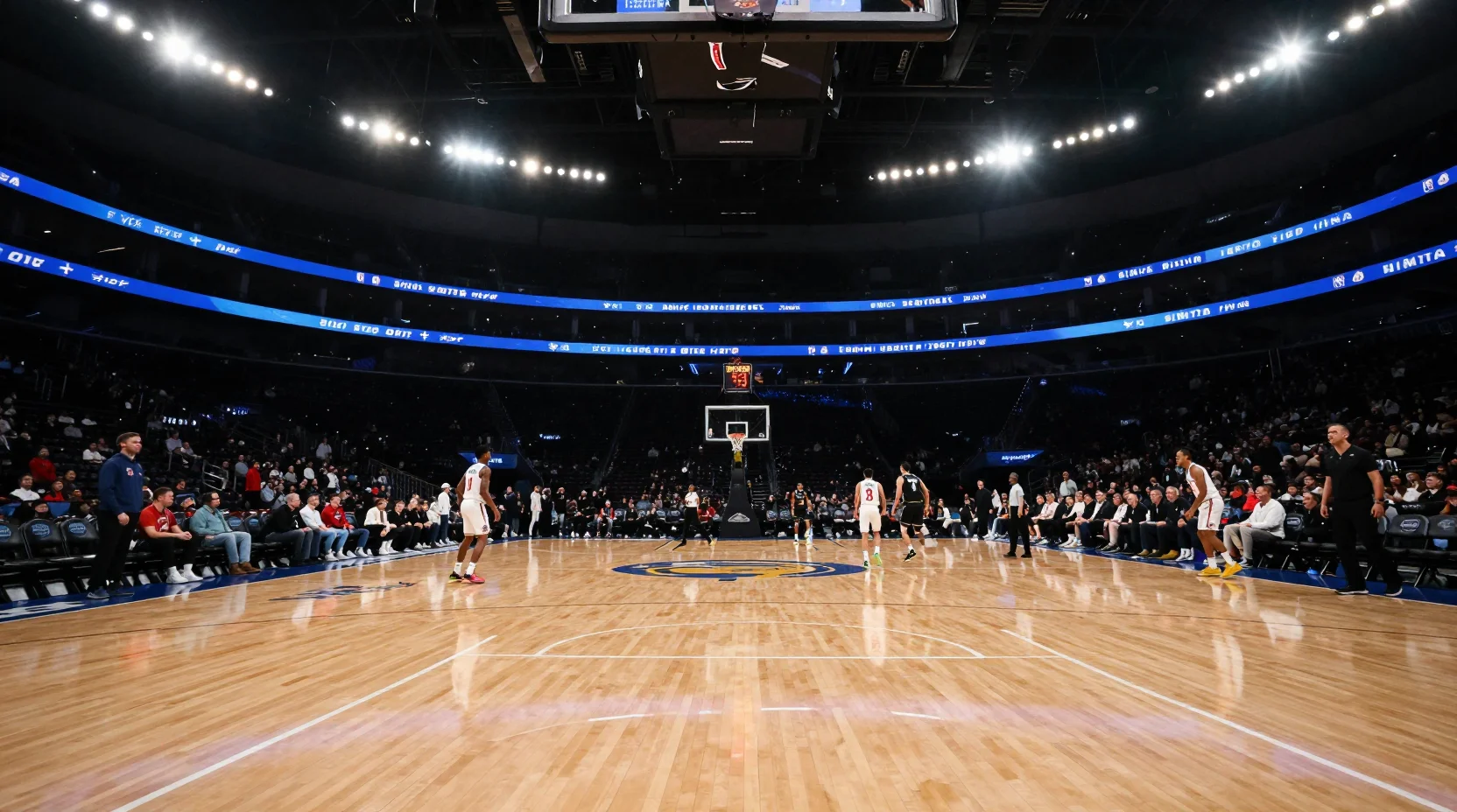Dramatic NBA arena scene before Warriors vs Timberwolves game