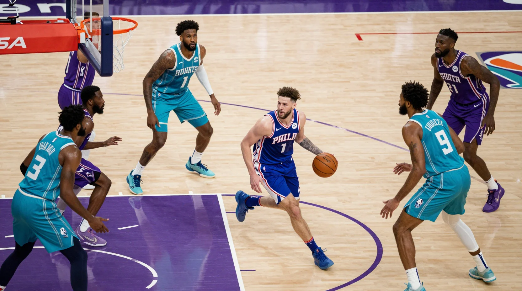 NBA game action scene with 76ers and Hornets players in competitive battle