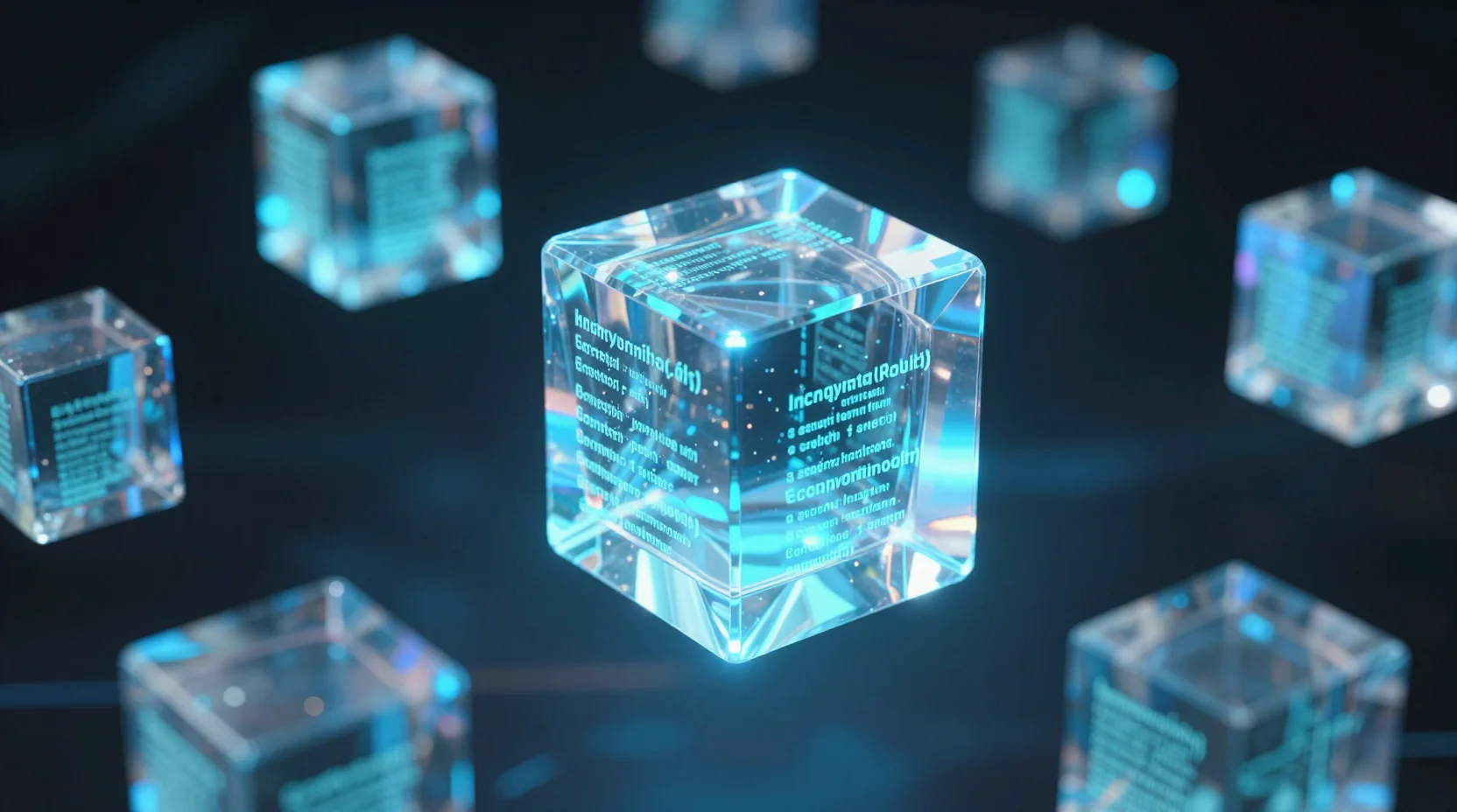 Futuristic visualization of fully homomorphic encryption technology with crystalline data blocks