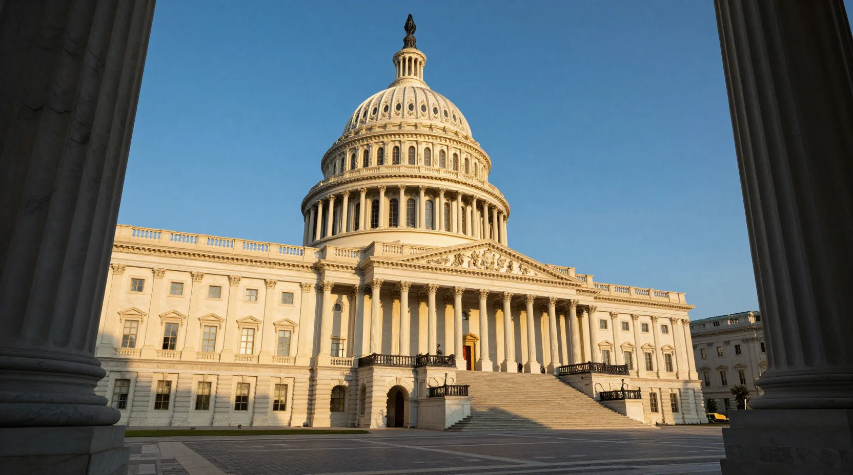 United States Capitol building at golden hour with scales of justice silhouette