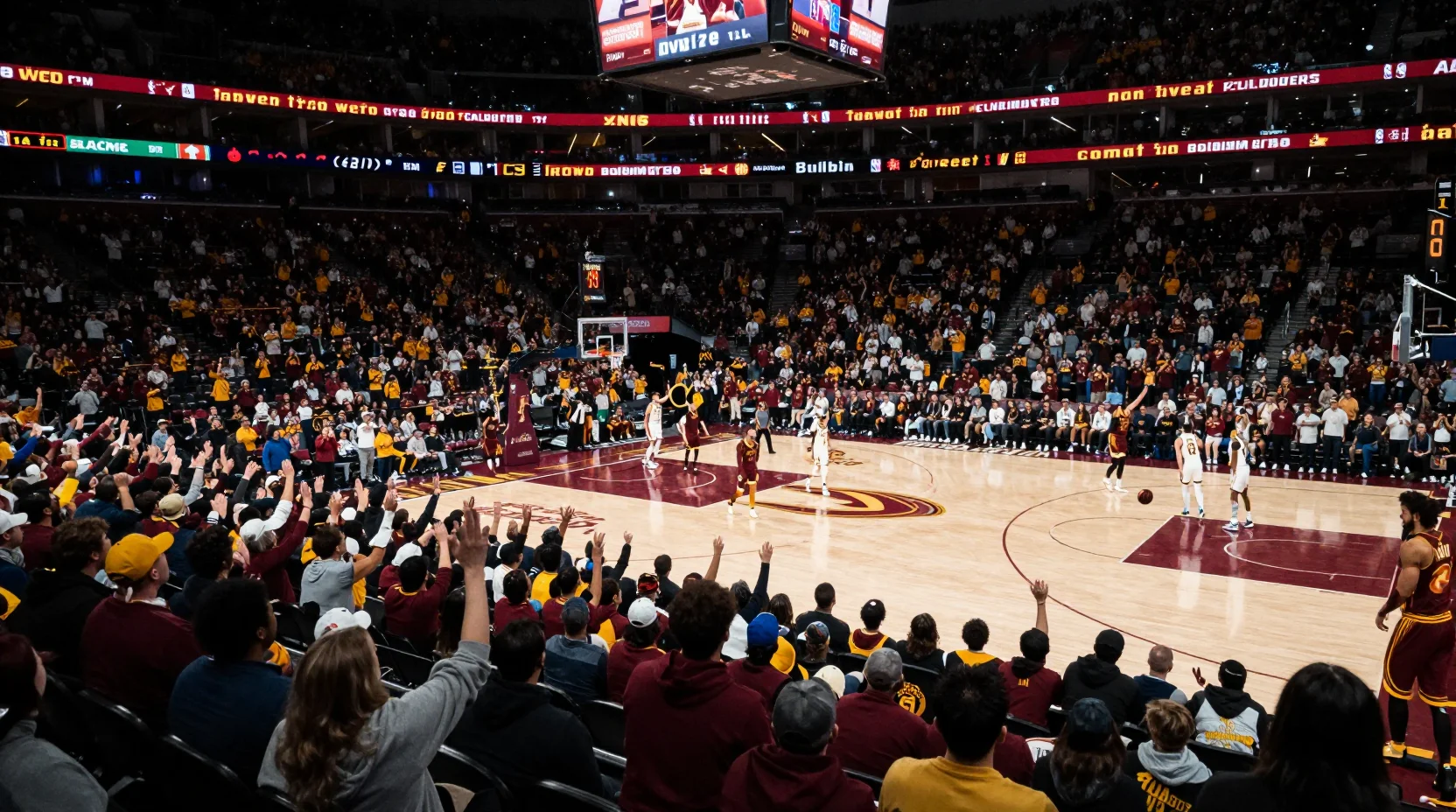 NBA arena scene showing the Cleveland Cavaliers' home court advantage at Rocket Mortgage FieldHouse