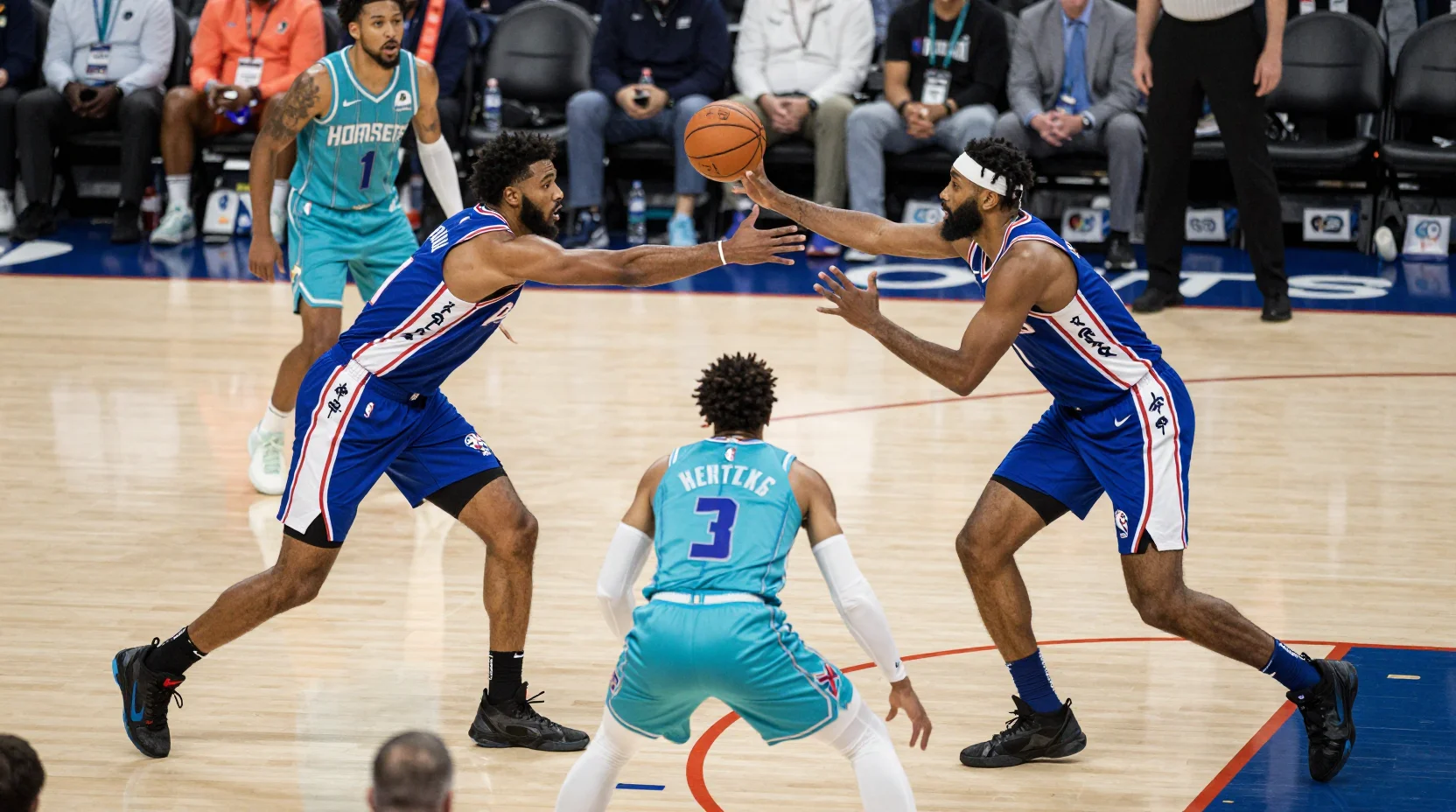 Intense NBA game scene with 76ers and Hornets players competing under bright arena lights