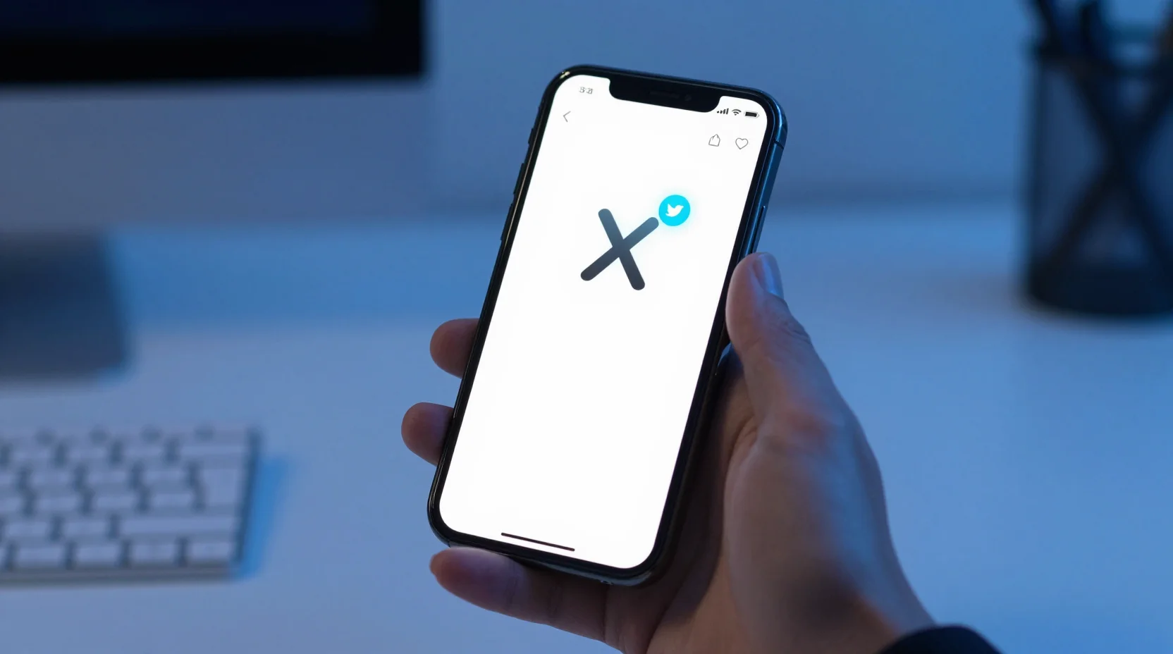Modern workspace with smartphone displaying social media interface and holographic metrics