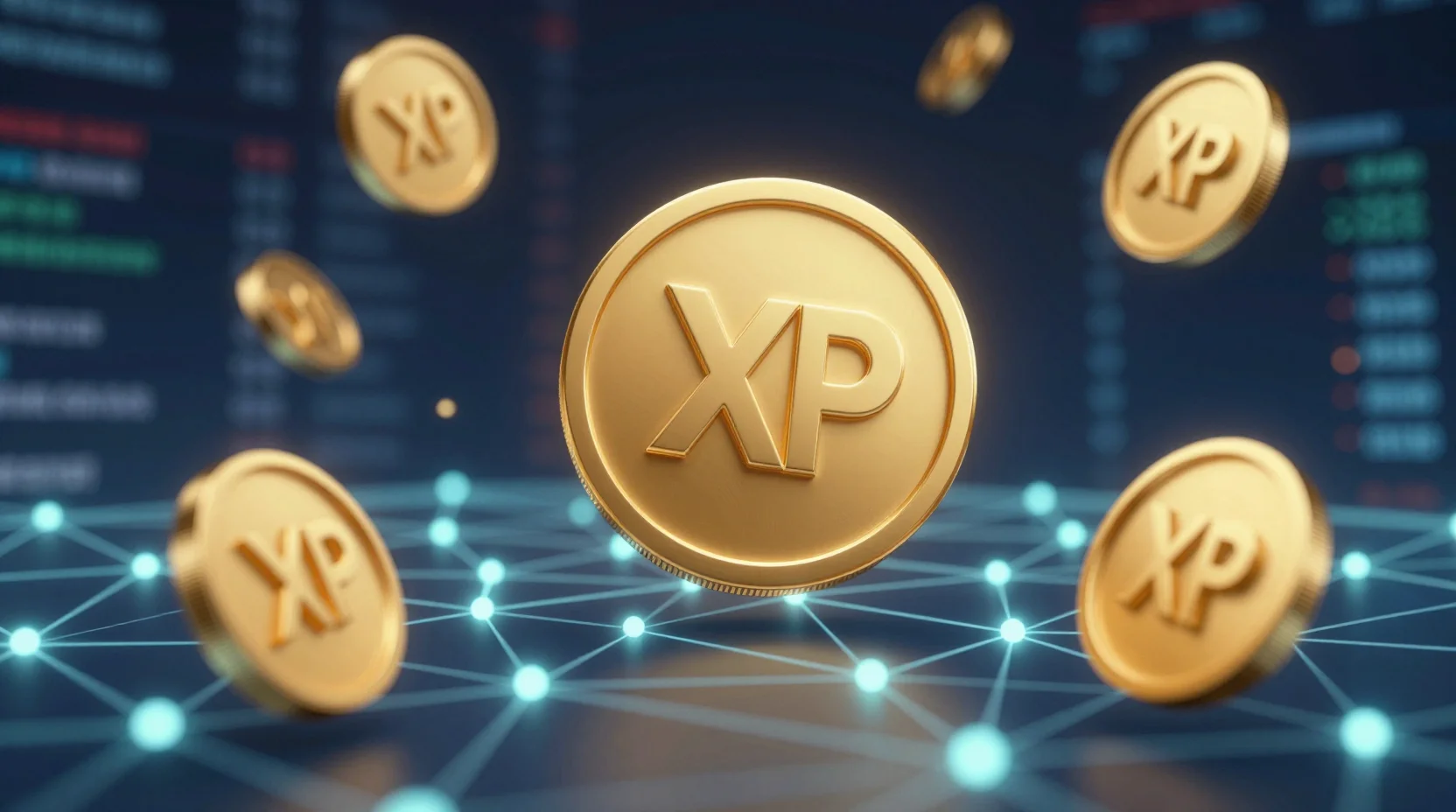 XRP cryptocurrency trading visualization with golden tokens and digital blockchain network